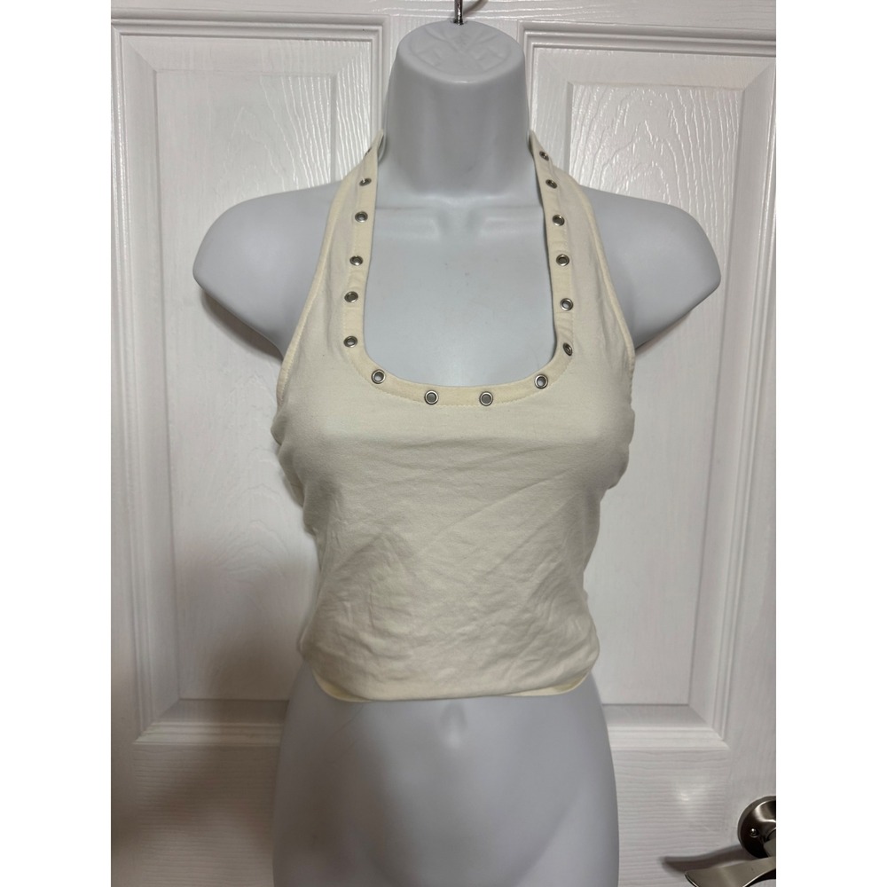 Refuge Womens Cream Grommet Halter Top Size Medium Eyelet Scoop Neck Crop Tank